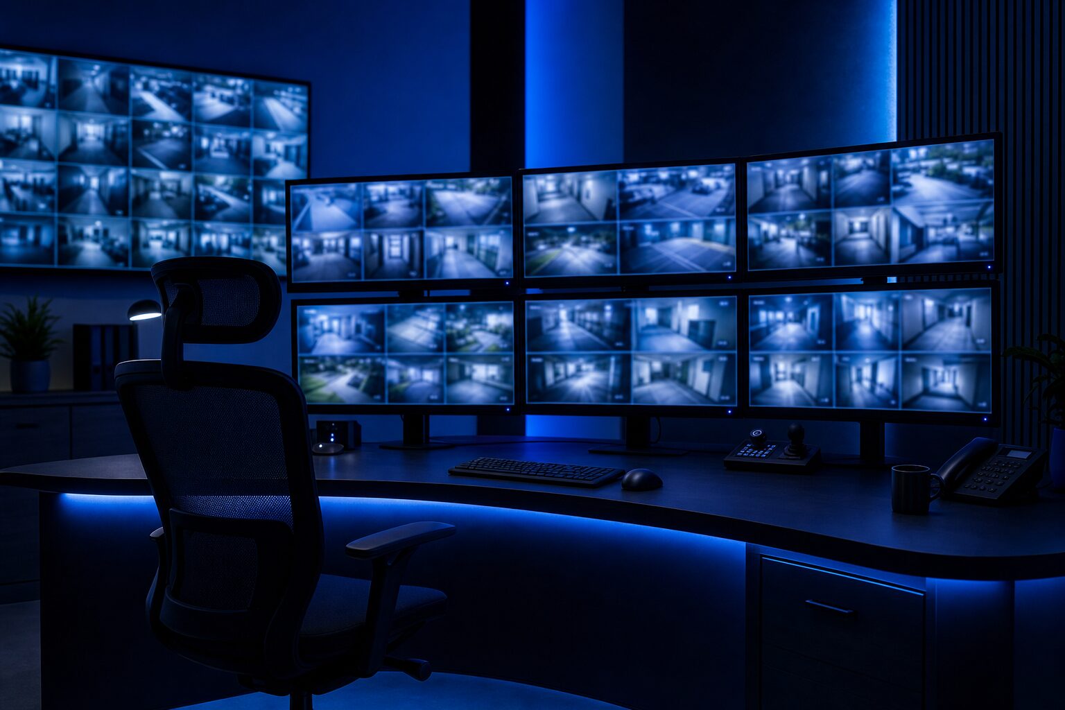 Security monitoring control room with camera feeds