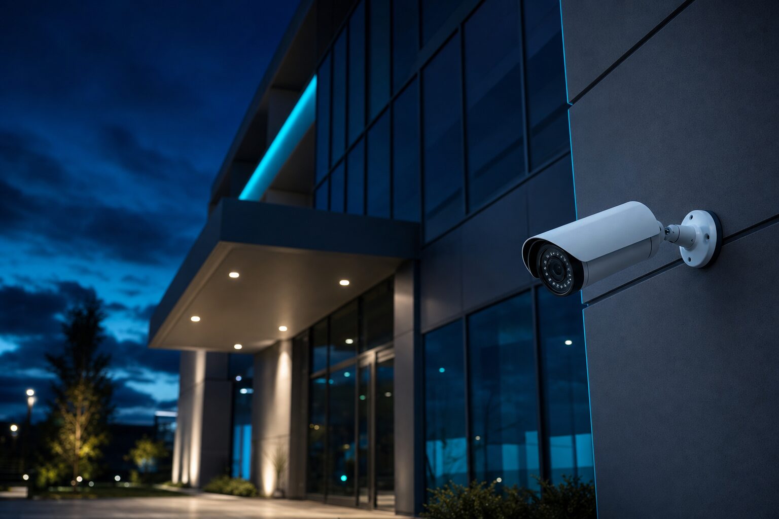 Security camera on a modern commercial building at dusk