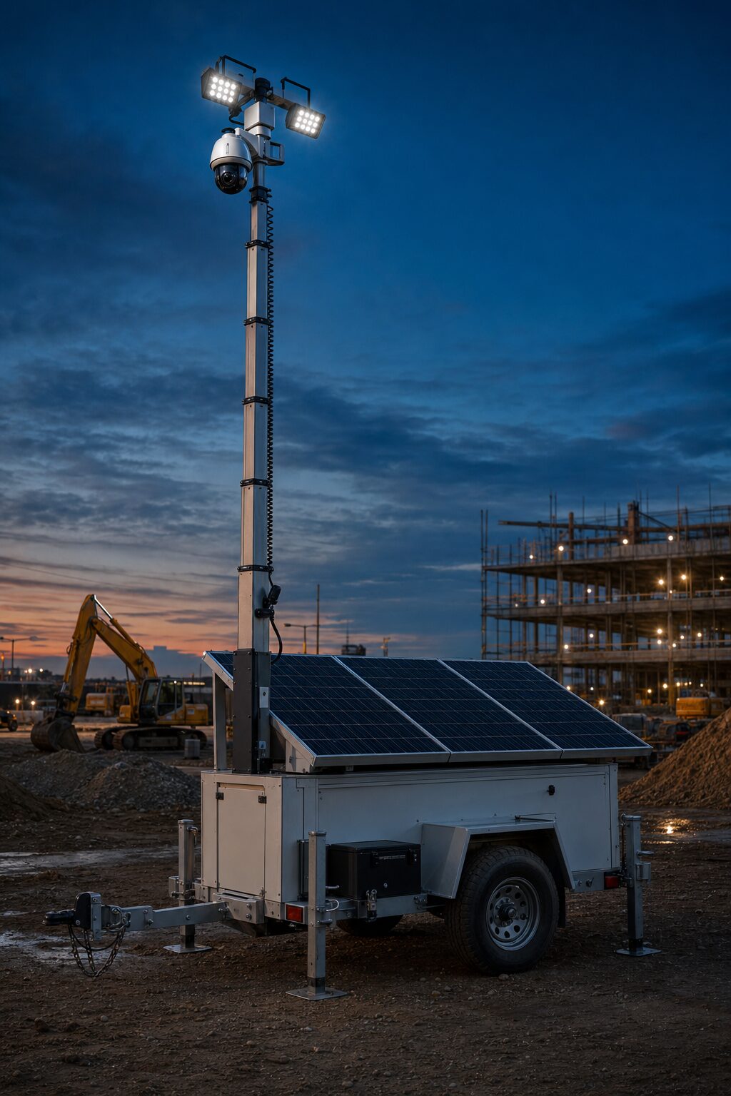 Solar-powered mobile surveillance trailer deployed at a site at dusk