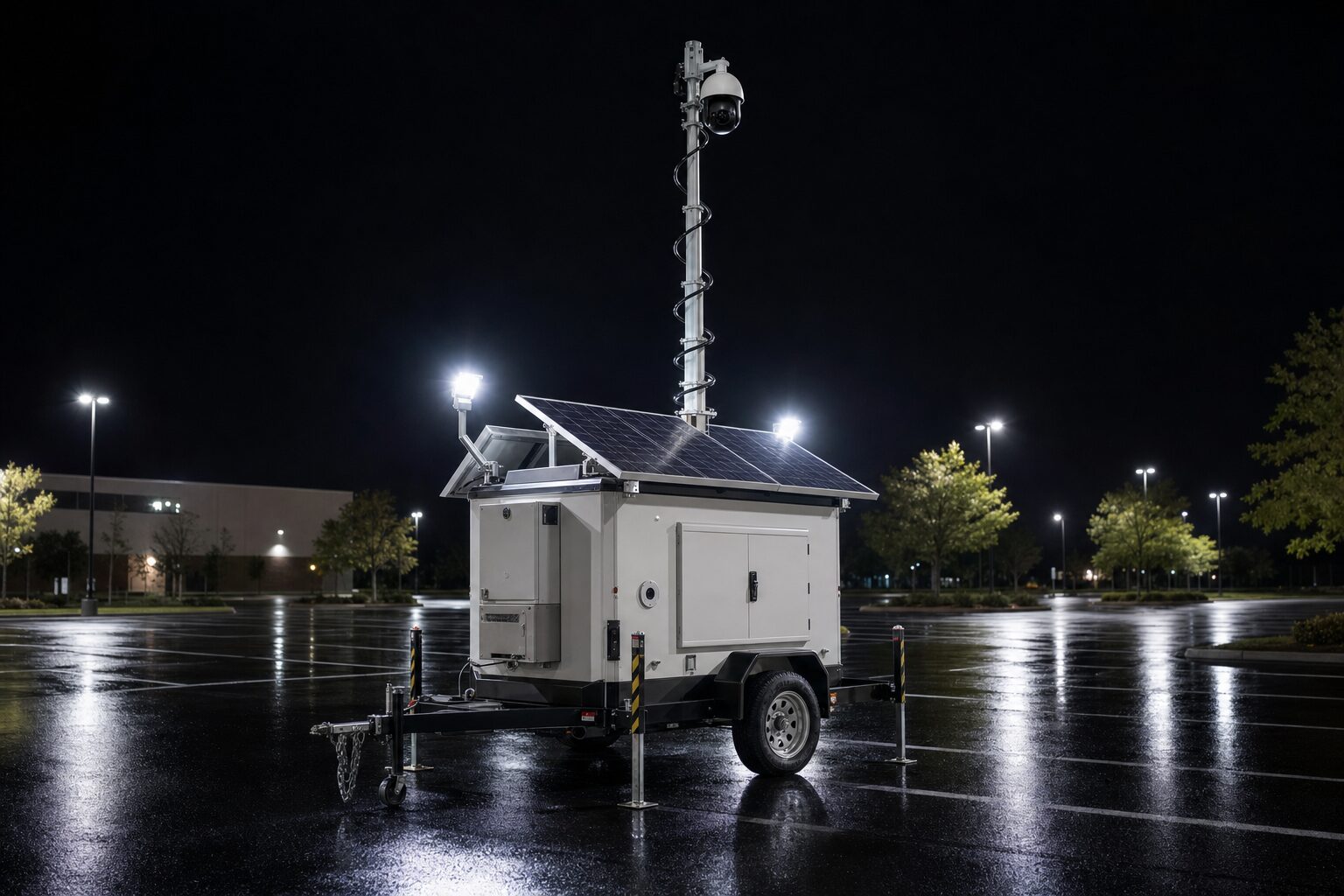Solar surveillance trailer lit up at night in a parking lot