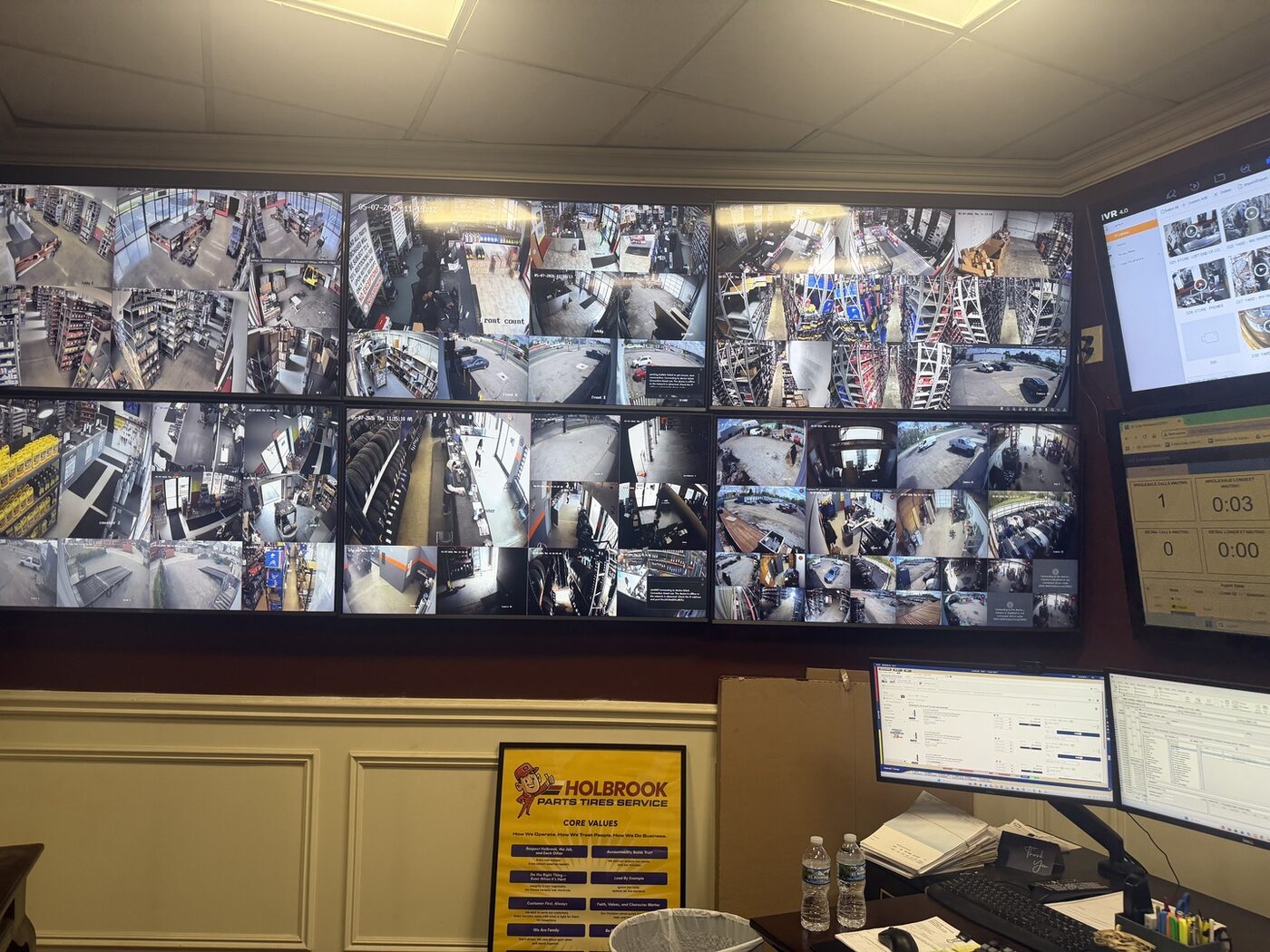 Six-screen security monitoring video wall at Holbrook Parts Tires Service